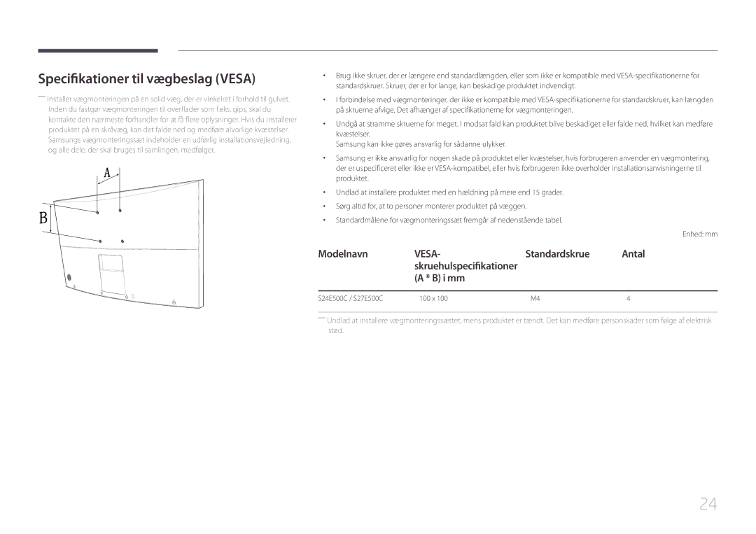 Samsung LS24E500CS/EN, LS27E500CSZ/EN manual Specifikationer til vægbeslag Vesa, Modelnavn, Standardskrue Antal, I mm 