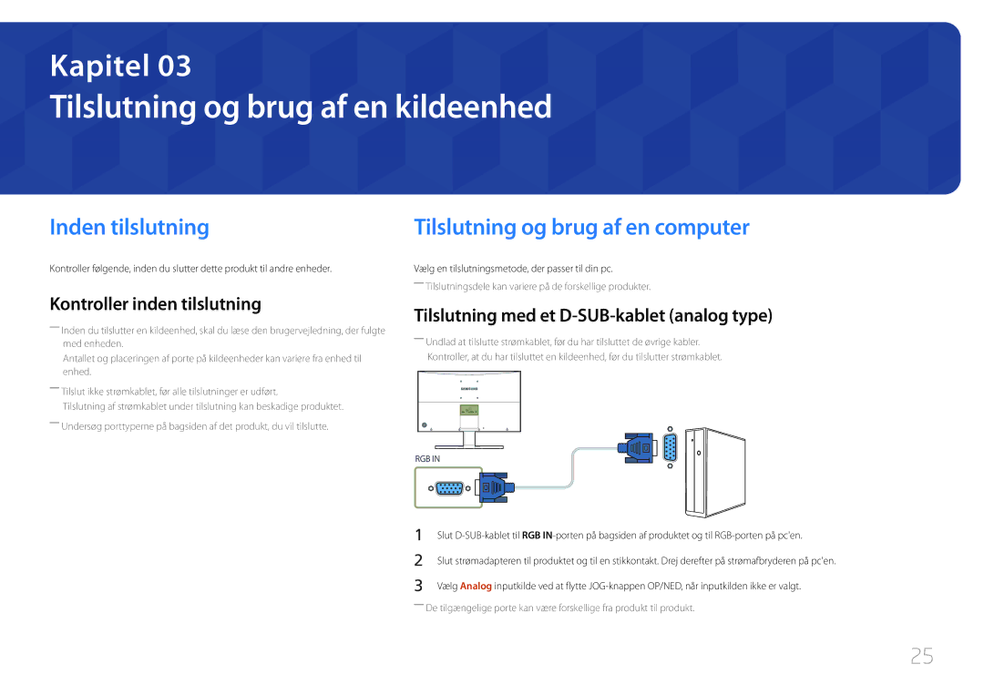 Samsung LS27E500CSZ/EN manual Tilslutning og brug af en kildeenhed, Inden tilslutning, Tilslutning og brug af en computer 