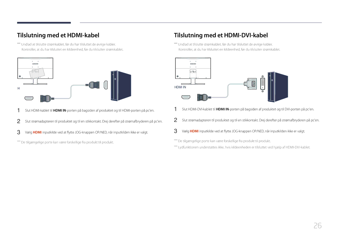 Samsung LS24E500CS/EN, LS27E500CSZ/EN manual Tilslutning med et HDMI-kabel, Tilslutning med et HDMI-DVI-kabel 