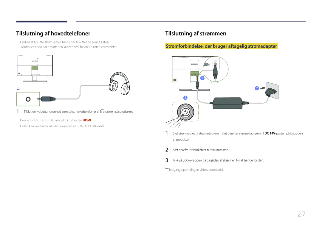 Samsung LS27E500CSZ/EN, LS24E500CS/EN manual Tilslutning af hovedtelefoner, Tilslutning af strømmen 