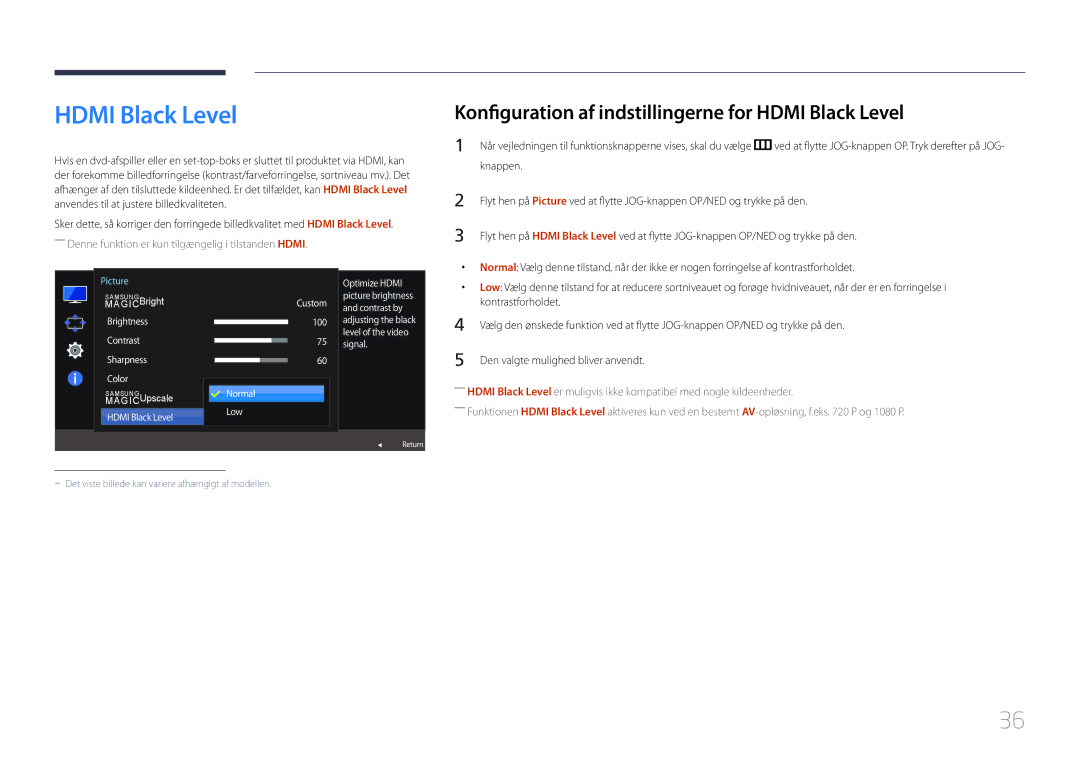 Samsung LS24E500CS/EN, LS27E500CSZ/EN manual Konfiguration af indstillingerne for Hdmi Black Level 