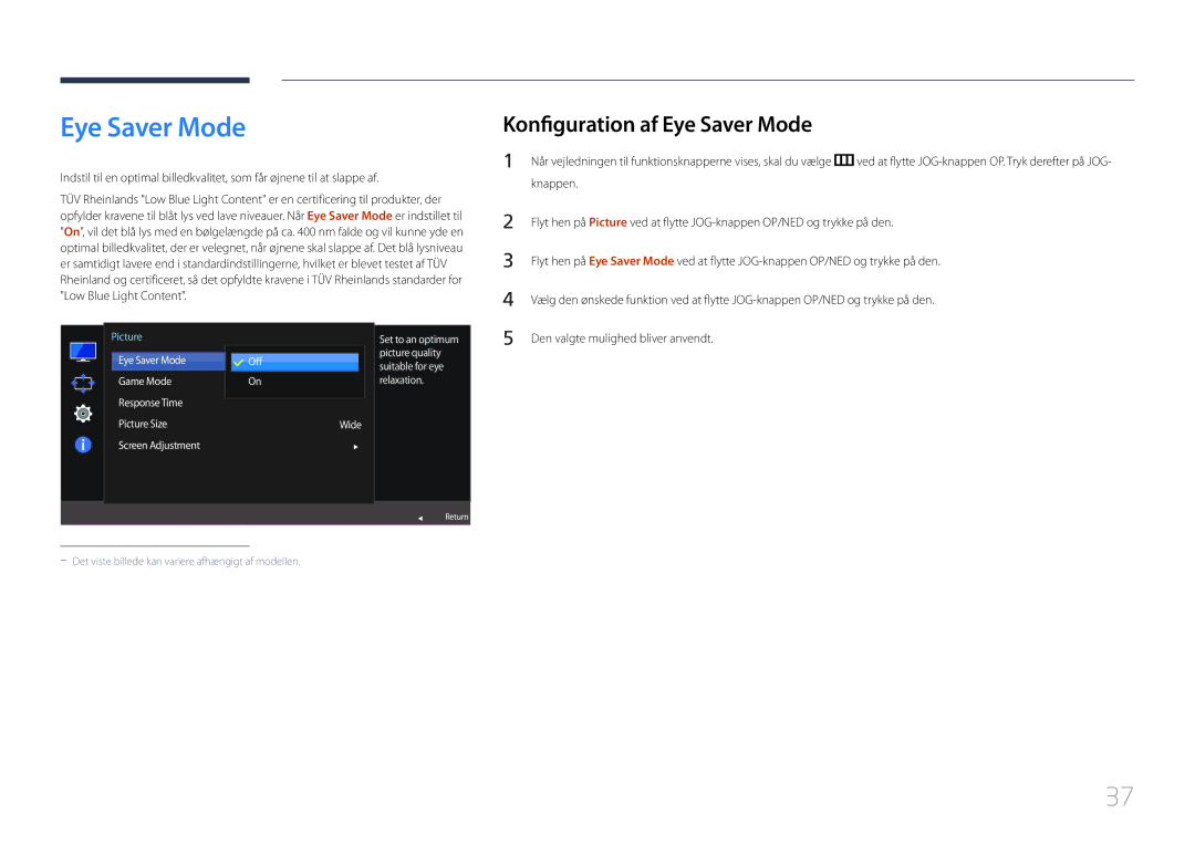 Samsung LS27E500CSZ/EN, LS24E500CS/EN manual Konfiguration af Eye Saver Mode 