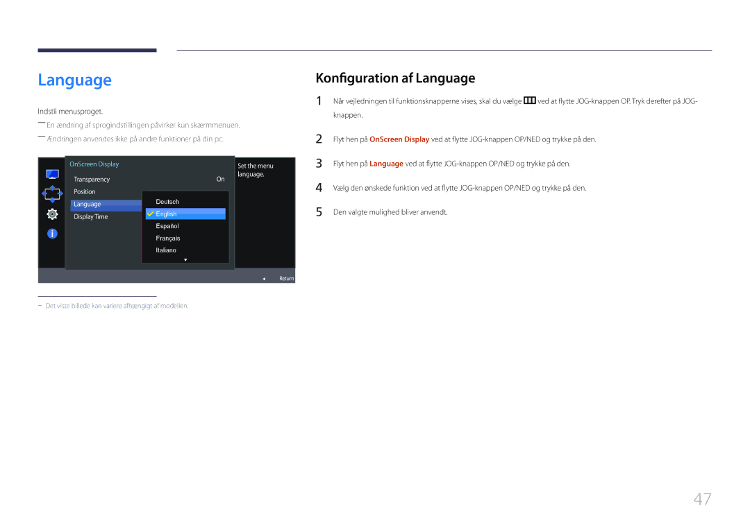 Samsung LS27E500CSZ/EN, LS24E500CS/EN manual Konfiguration af Language, Indstil menusproget 