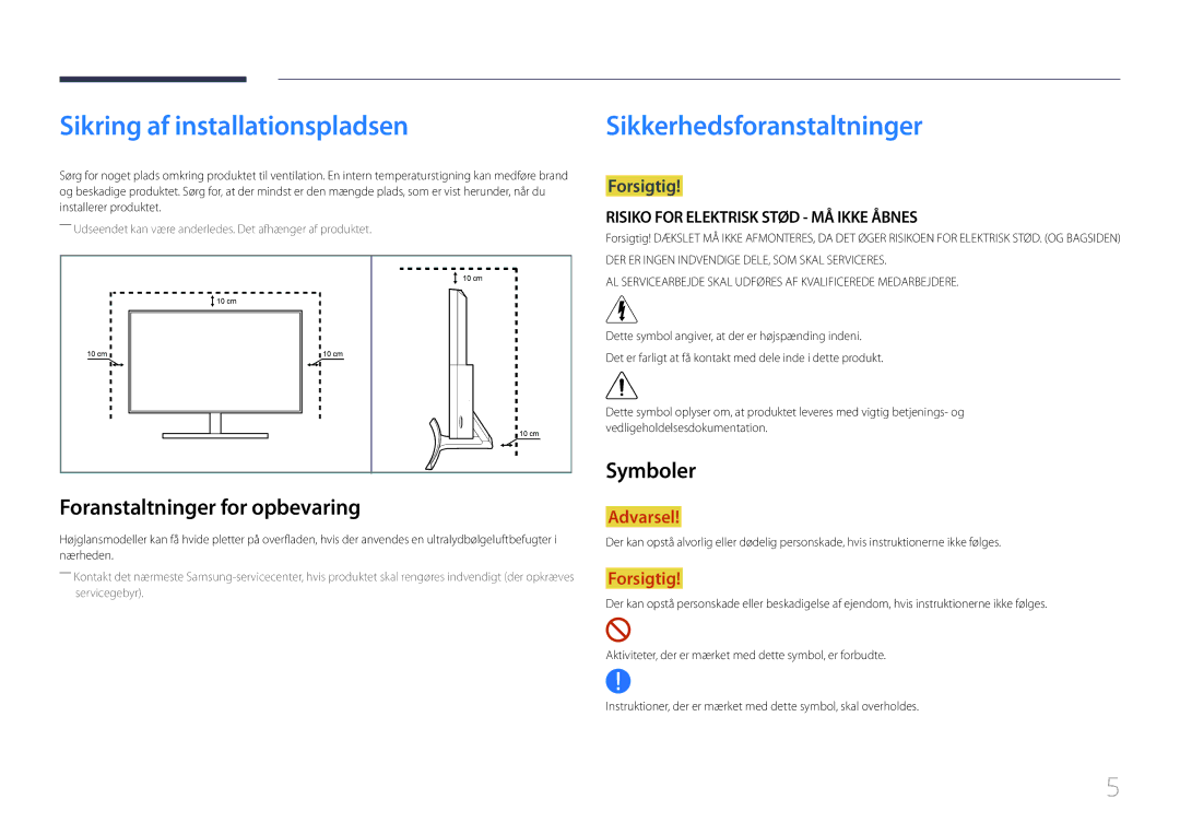 Samsung LS27E500CSZ/EN, LS24E500CS/EN manual Sikring af installationspladsen, Foranstaltninger for opbevaring, Symboler 