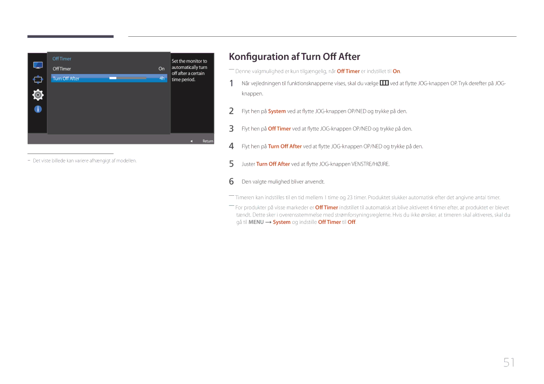 Samsung LS27E500CSZ/EN, LS24E500CS/EN manual Konfiguration af Turn Off After 