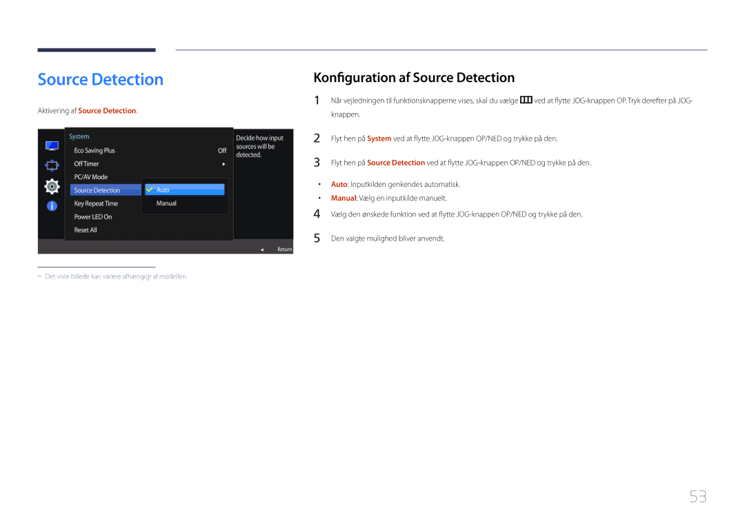 Samsung LS27E500CSZ/EN, LS24E500CS/EN manual Konfiguration af Source Detection, Aktivering af Source Detection 