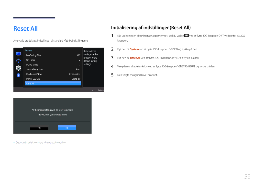 Samsung LS24E500CS/EN, LS27E500CSZ/EN manual Initialisering af indstillinger Reset All 