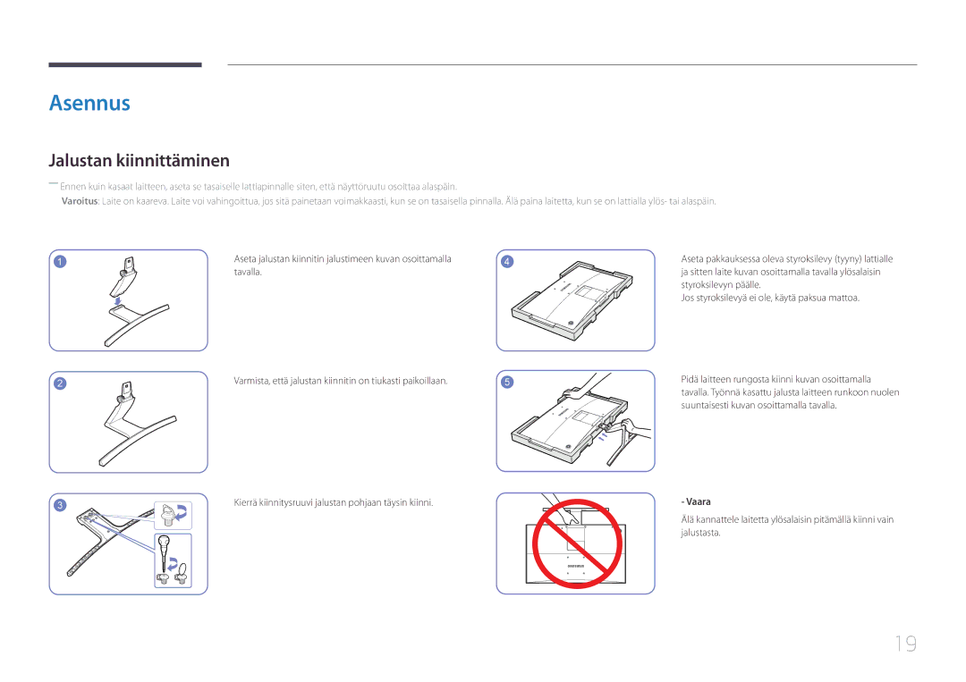Samsung LS27E500CSZ/EN, LS24E500CS/EN manual Asennus, Jalustan kiinnittäminen, Vaara 