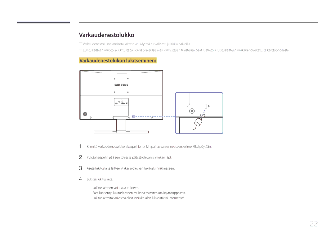 Samsung LS24E500CS/EN, LS27E500CSZ/EN manual Varkaudenestolukko, Varkaudenestolukon lukitseminen 