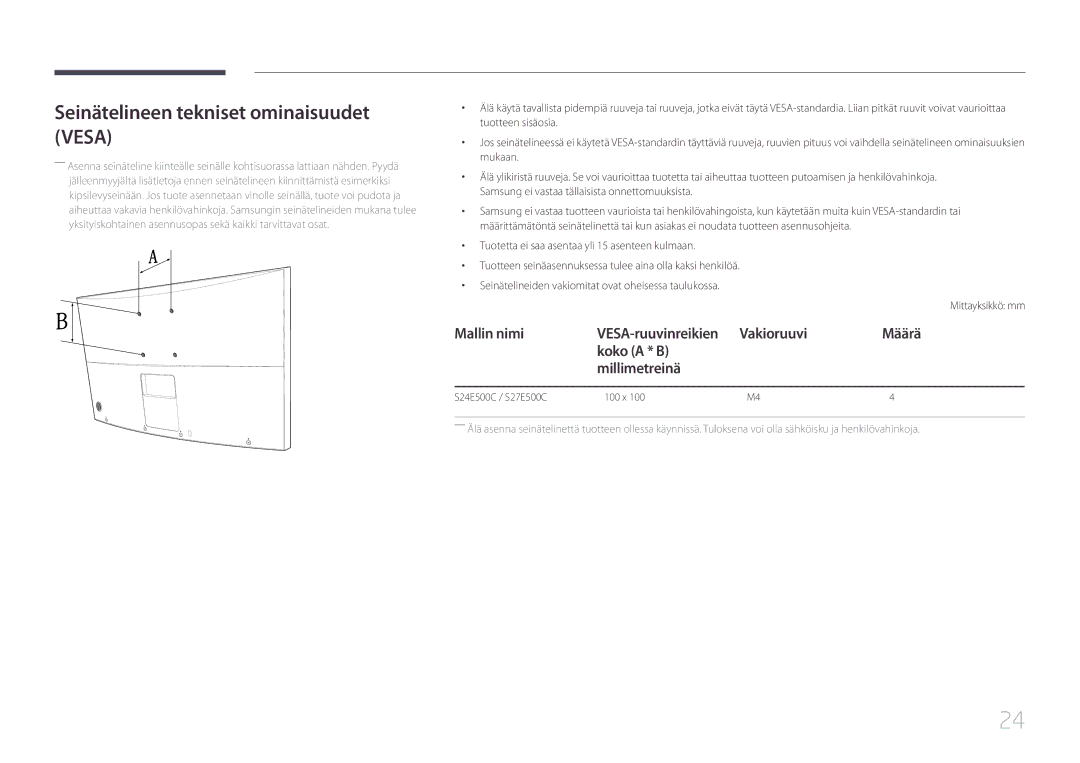 Samsung LS24E500CS/EN Seinätelineen tekniset ominaisuudet Vesa, Mallin nimi, Vakioruuvi Määrä Koko a * B Millimetreinä 