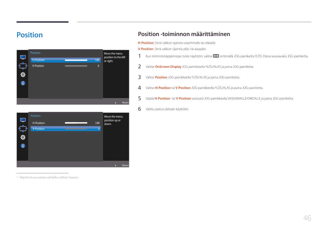 Samsung LS24E500CS/EN manual Position -toiminnon määrittäminen, Position Siirrä valikon sijaintia ylös- tai alaspäin 