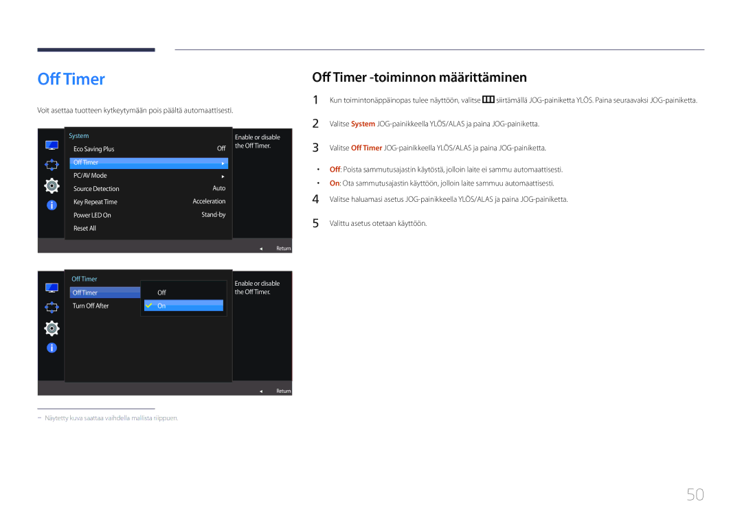 Samsung LS24E500CS/EN, LS27E500CSZ/EN manual Off Timer -toiminnon määrittäminen 