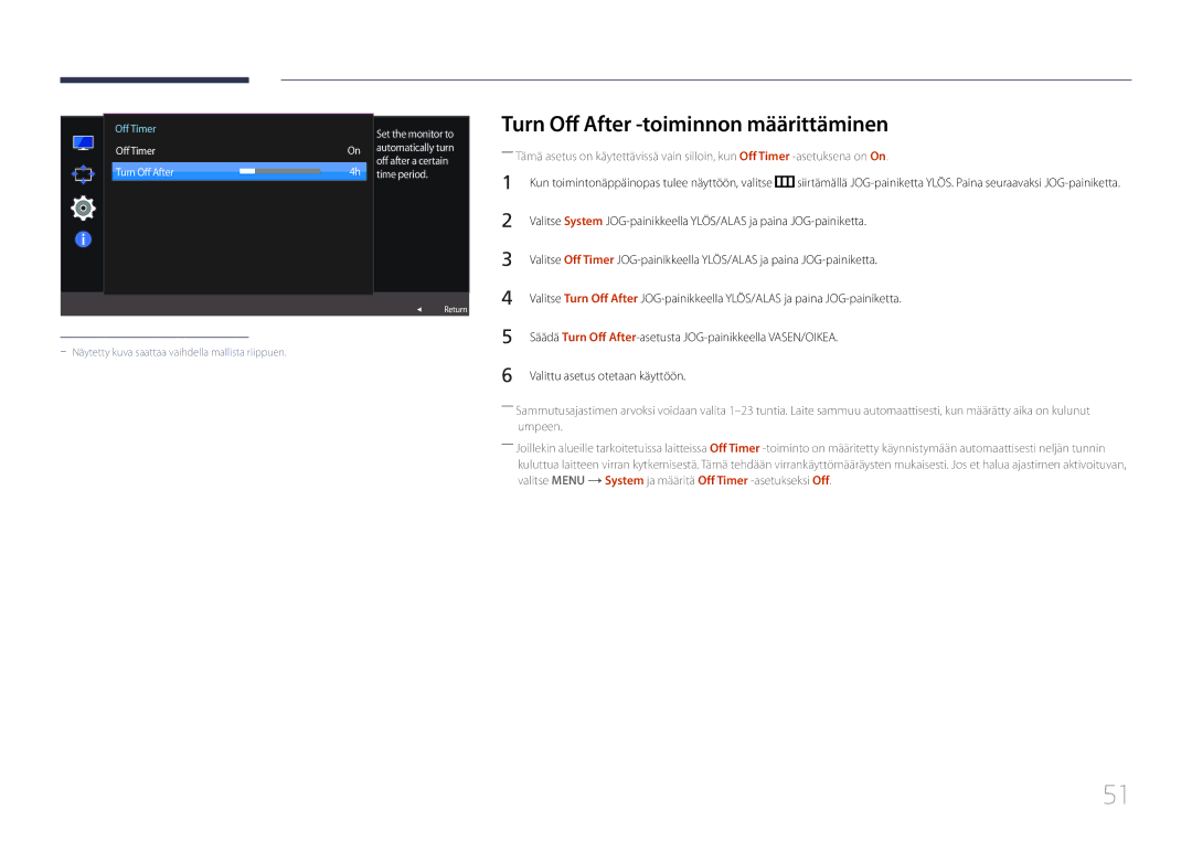 Samsung LS27E500CSZ/EN Turn Off After -toiminnon määrittäminen, Säädä Turn Off After-asetusta JOG-painikkeella VASEN/OIKEA 