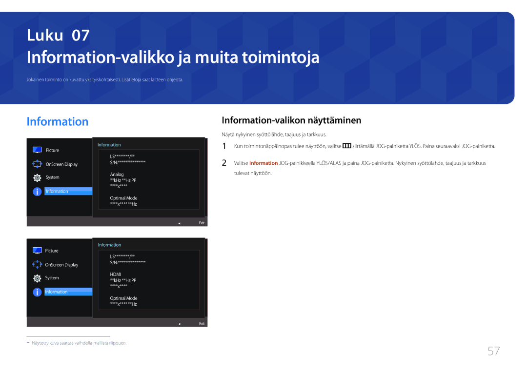 Samsung LS27E500CSZ/EN manual Information-valikko ja muita toimintoja, Information-valikon näyttäminen, Tulevat näyttöön 