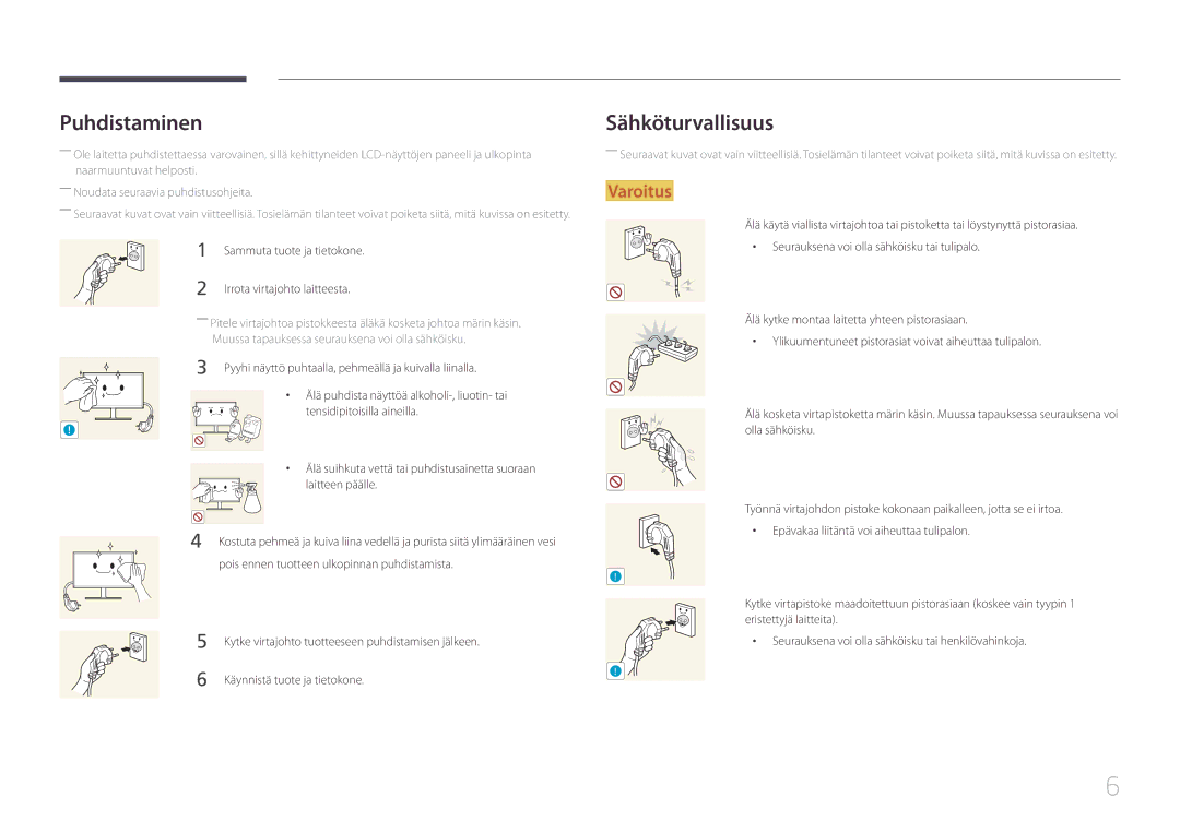 Samsung LS24E500CS/EN manual Puhdistaminen, Sähköturvallisuus, Pyyhi näyttö puhtaalla, pehmeällä ja kuivalla liinalla 