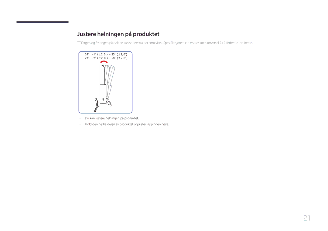 Samsung LS27E500CSZ/EN, LS24E500CS/EN manual Justere helningen på produktet 