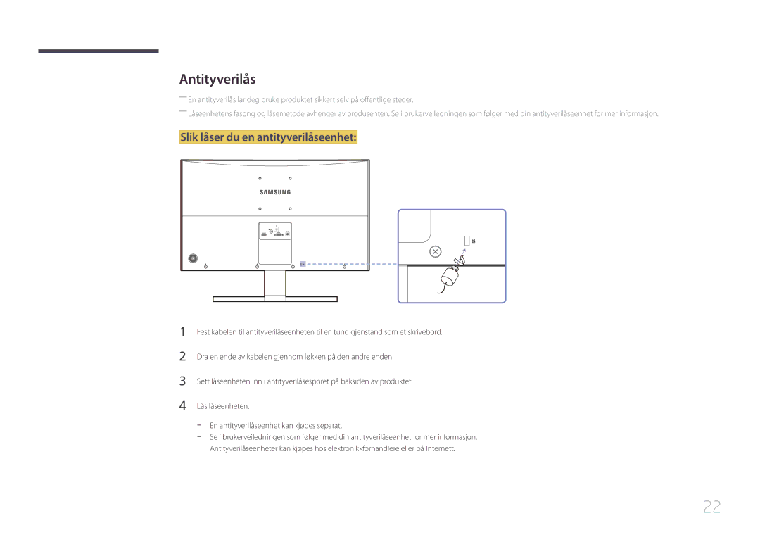 Samsung LS24E500CS/EN, LS27E500CSZ/EN manual Antityverilås, Slik låser du en antityverilåseenhet 