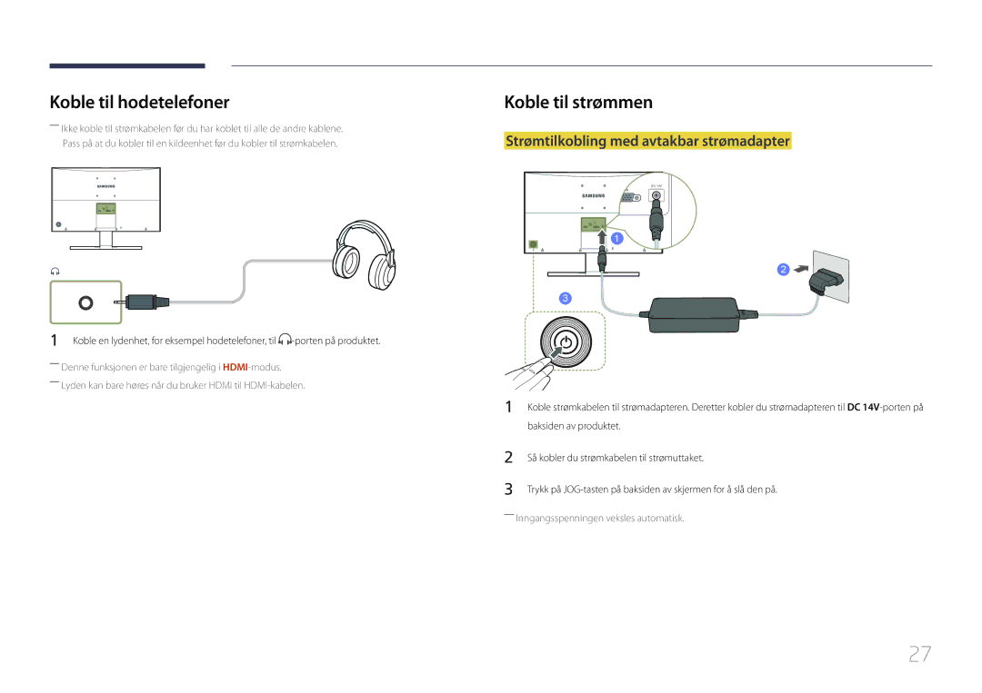 Samsung LS27E500CSZ/EN, LS24E500CS/EN manual Koble til hodetelefoner, Koble til strømmen 