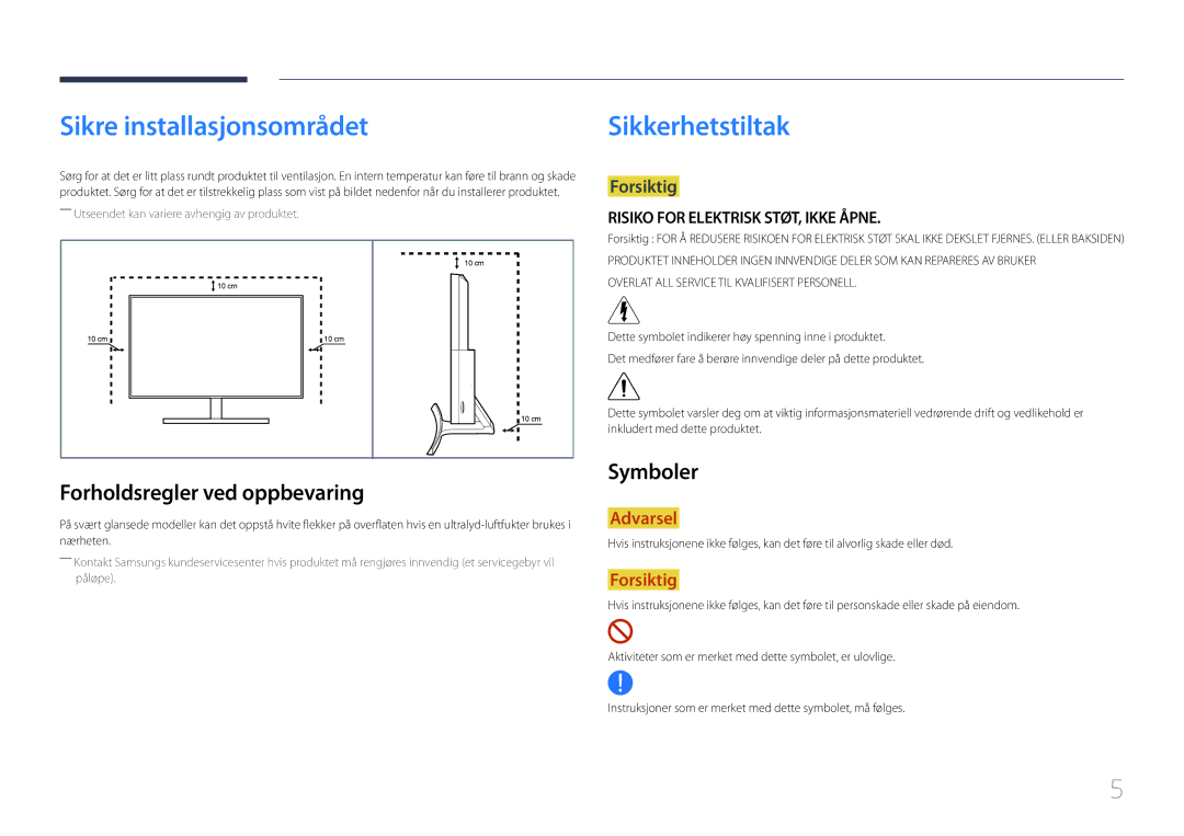 Samsung LS27E500CSZ/EN, LS24E500CS/EN manual Sikre installasjonsområdet, Forholdsregler ved oppbevaring, Symboler 