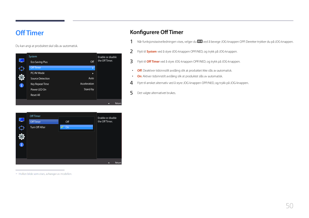 Samsung LS24E500CS/EN, LS27E500CSZ/EN manual Konfigurere Off Timer, Du kan angi at produktet skal slås av automatisk 