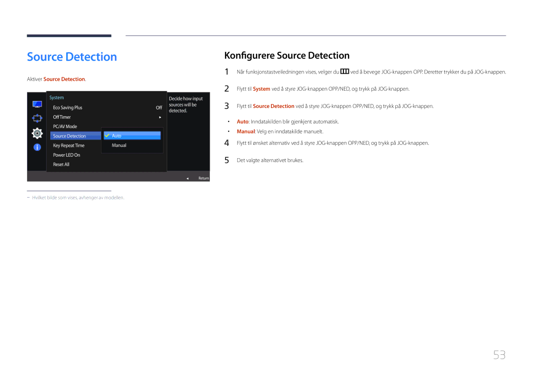 Samsung LS27E500CSZ/EN, LS24E500CS/EN manual Konfigurere Source Detection, Aktiver Source Detection 