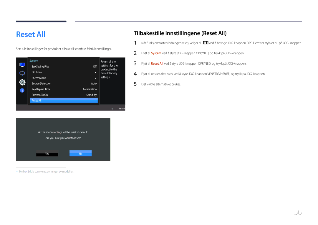 Samsung LS24E500CS/EN, LS27E500CSZ/EN manual Tilbakestille innstillingene Reset All 