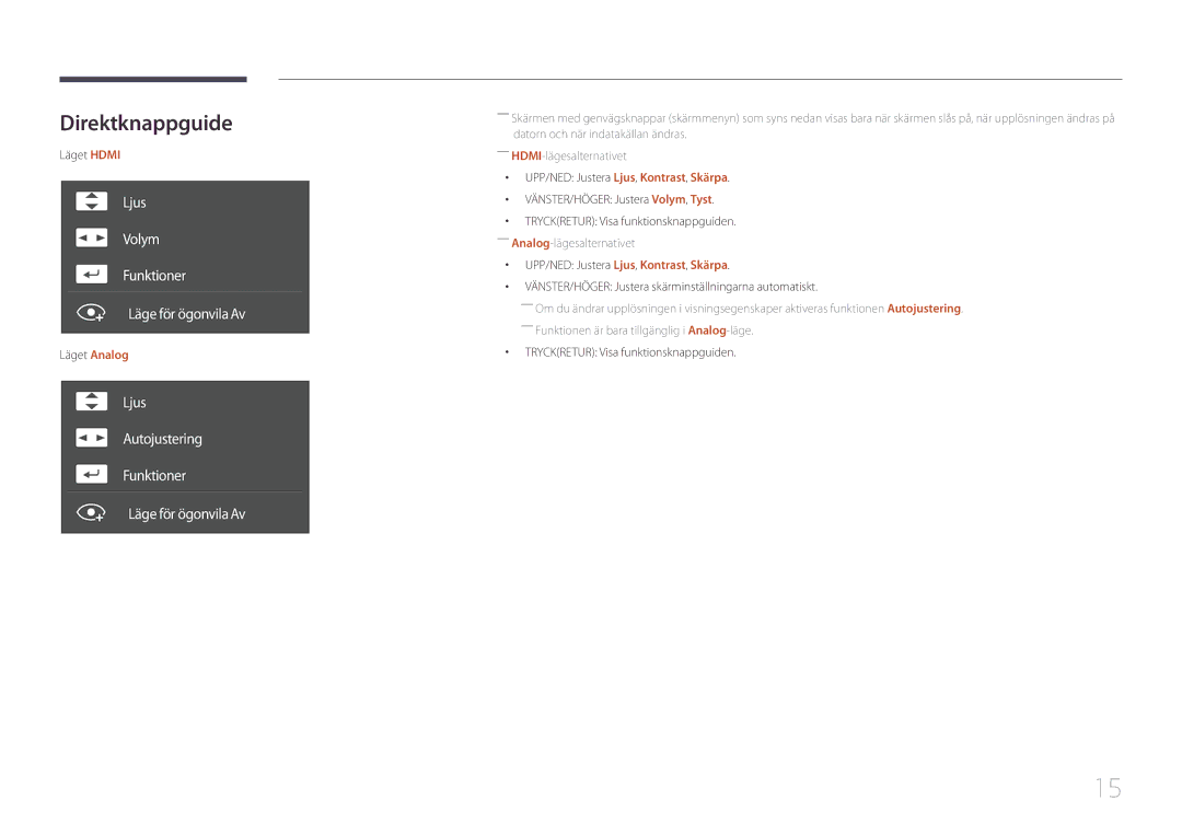 Samsung LS27E500CSZ/EN, LS24E500CS/EN Direktknappguide, Läget Hdmi, Läget Analog, Tryckretur Visa funktionsknappguiden 