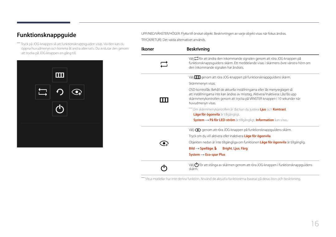 Samsung LS24E500CS/EN, LS27E500CSZ/EN manual Funktionsknappguide, IkonerBeskrivning 