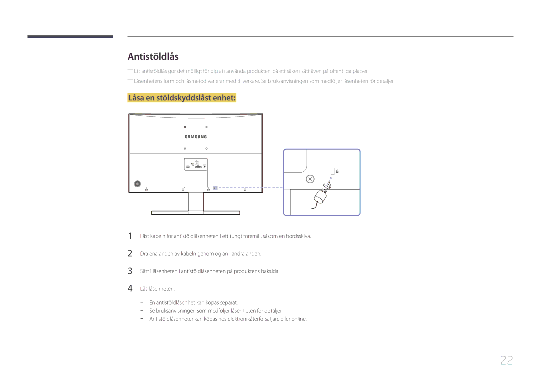 Samsung LS24E500CS/EN, LS27E500CSZ/EN manual Antistöldlås, Låsa en stöldskyddslåst enhet 