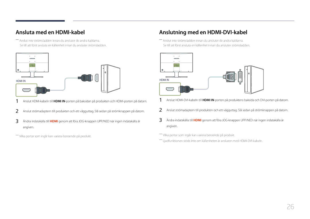 Samsung LS24E500CS/EN, LS27E500CSZ/EN manual Ansluta med en HDMI-kabel, Anslutning med en HDMI-DVI-kabel, Angiven 