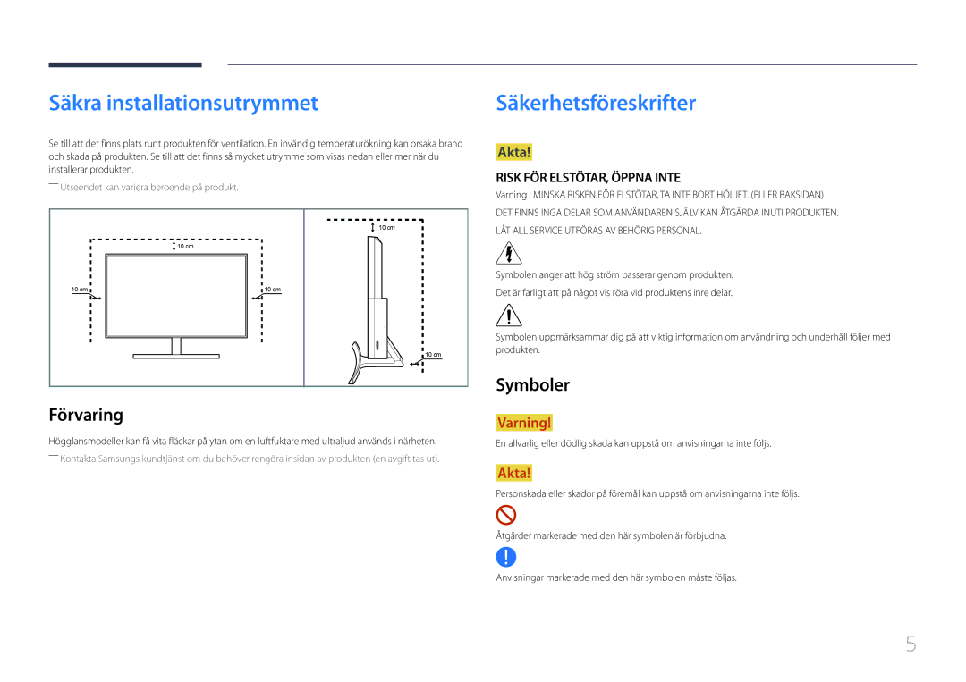 Samsung LS27E500CSZ/EN, LS24E500CS/EN manual Säkra installationsutrymmet, Säkerhetsföreskrifter, Förvaring, Symboler 