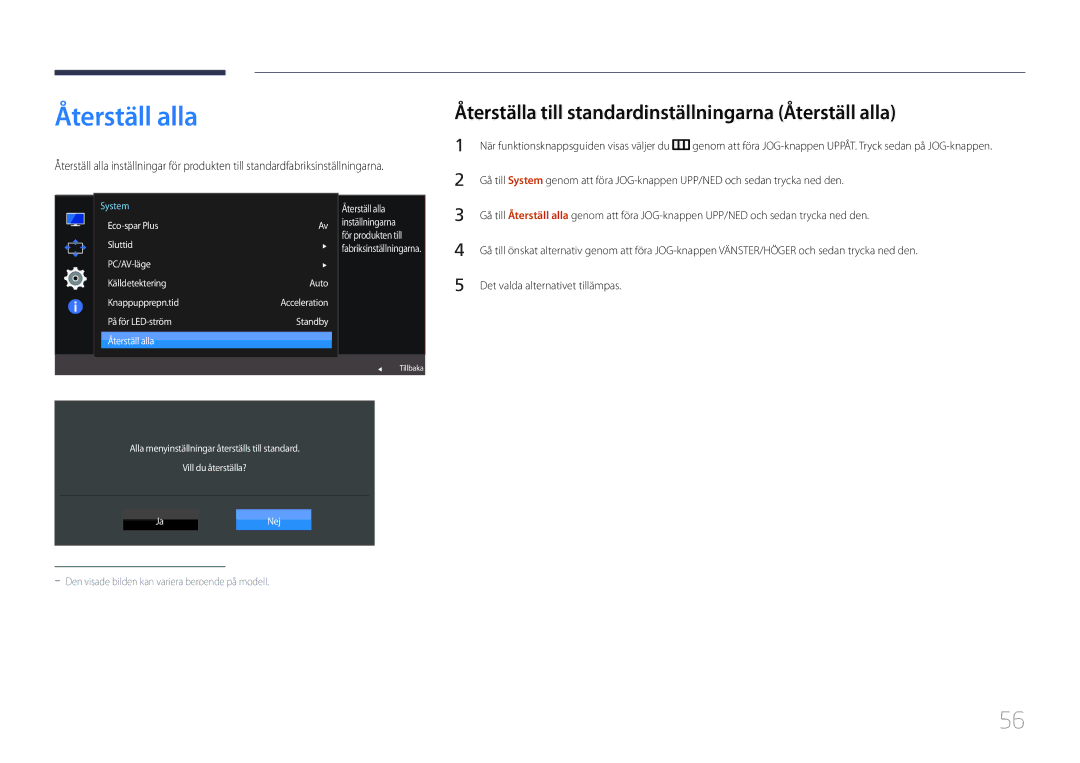 Samsung LS24E500CS/EN, LS27E500CSZ/EN manual Återställa till standardinställningarna Återställ alla 