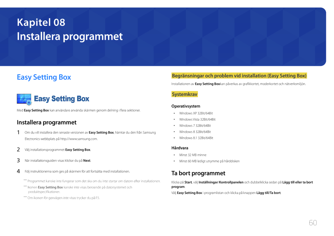 Samsung LS24E500CS/EN, LS27E500CSZ/EN manual Installera programmet, Easy Setting Box, Ta bort programmet 