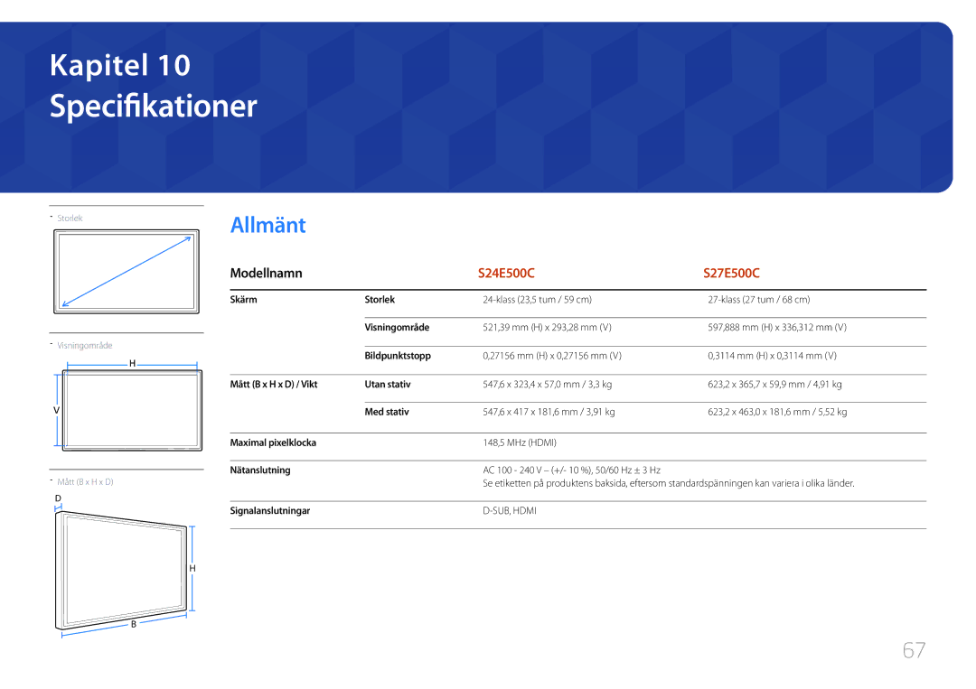 Samsung LS27E500CSZ/EN, LS24E500CS/EN manual Specifikationer, Allmänt 