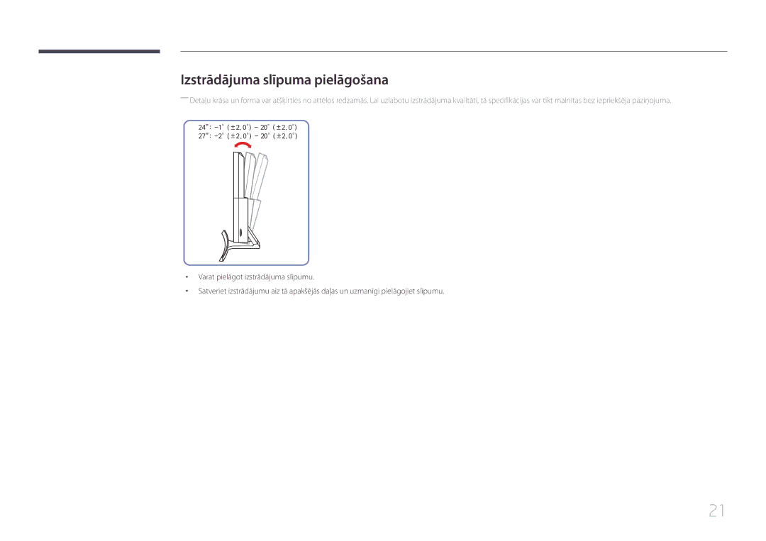 Samsung LS27E500CSZ/EN, LS24E500CS/EN manual Izstrādājuma slīpuma pielāgošana 