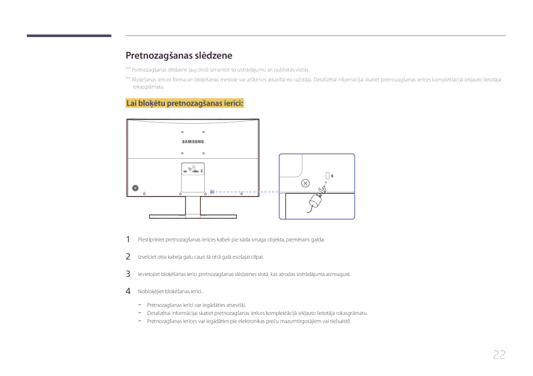 Samsung LS24E500CS/EN, LS27E500CSZ/EN manual Pretnozagšanas slēdzene, Lai bloķētu pretnozagšanas ierīci 