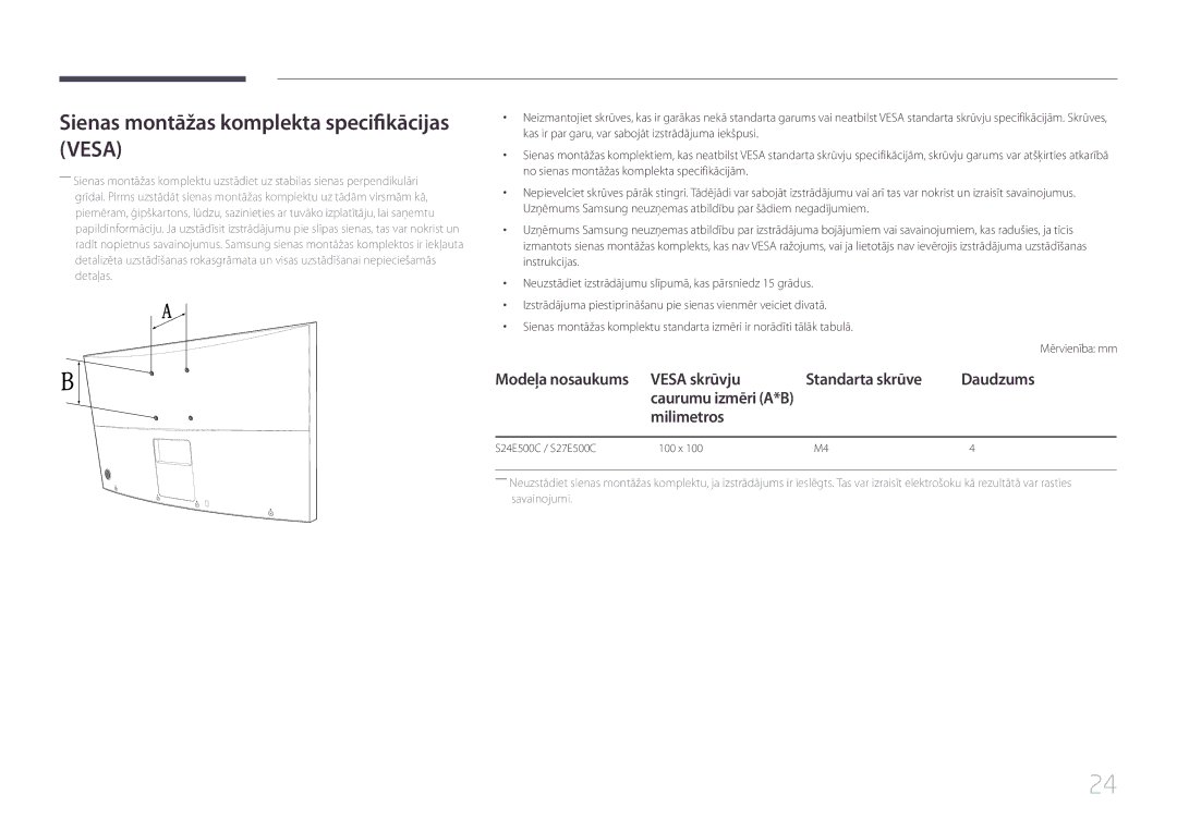 Samsung LS24E500CS/EN, LS27E500CSZ/EN manual Sienas montāžas komplekta specifikācijas Vesa, Milimetros 