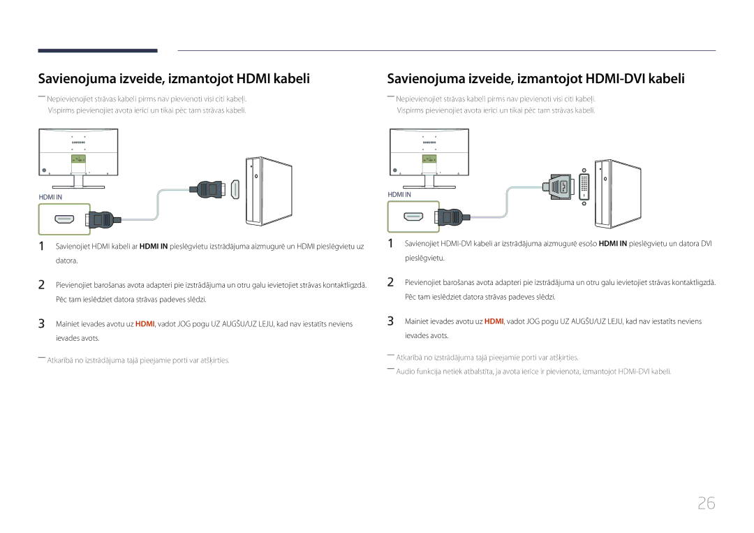 Samsung LS24E500CS/EN manual Savienojuma izveide, izmantojot Hdmi kabeli, Savienojuma izveide, izmantojot HDMI-DVI kabeli 