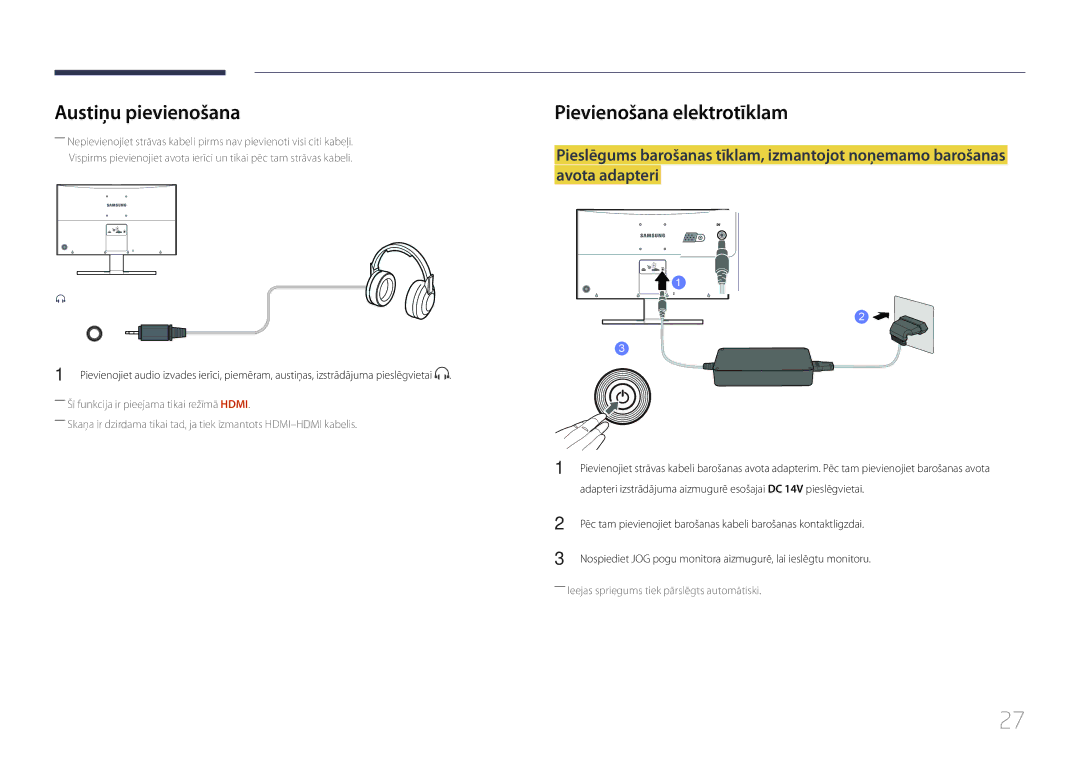 Samsung LS27E500CSZ/EN, LS24E500CS/EN manual Austiņu pievienošana, Pievienošana elektrotīklam 