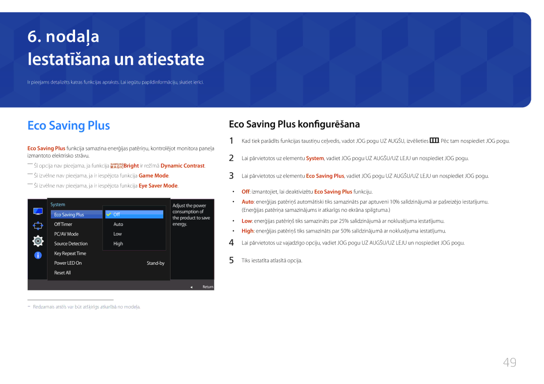 Samsung LS27E500CSZ/EN manual Eco Saving Plus konfigurēšana, Off izmantojiet, lai deaktivizētu Eco Saving Plus funkciju 