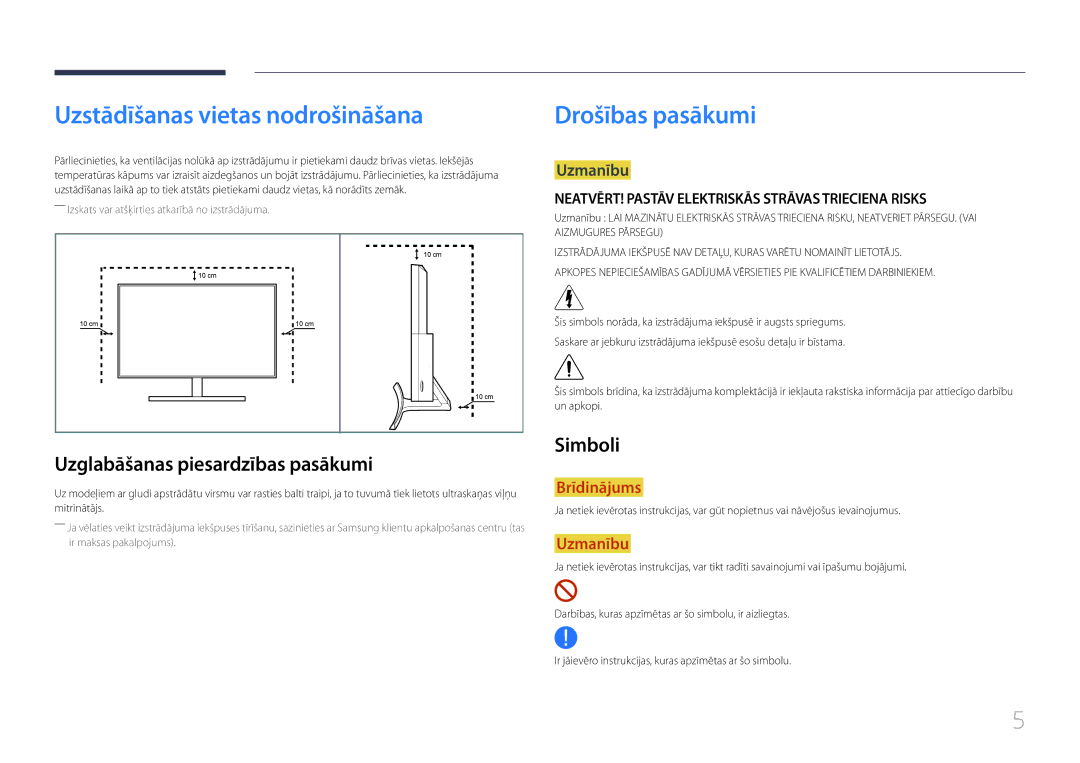 Samsung LS27E500CSZ/EN, LS24E500CS/EN manual Uzstādīšanas vietas nodrošināšana, Uzglabāšanas piesardzības pasākumi, Simboli 