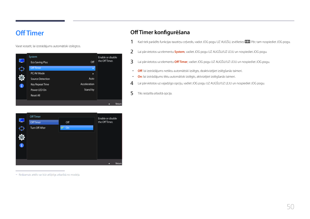 Samsung LS24E500CS/EN, LS27E500CSZ/EN Off Timer konfigurēšana, Varat iestatīt, lai izstrādājums automātiski izslēgtos 
