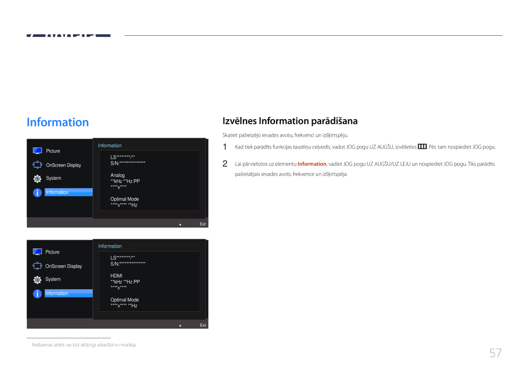 Samsung LS27E500CSZ/EN, LS24E500CS/EN manual Izvēlne Information un citas izvēlnes, Izvēlnes Information parādīšana 