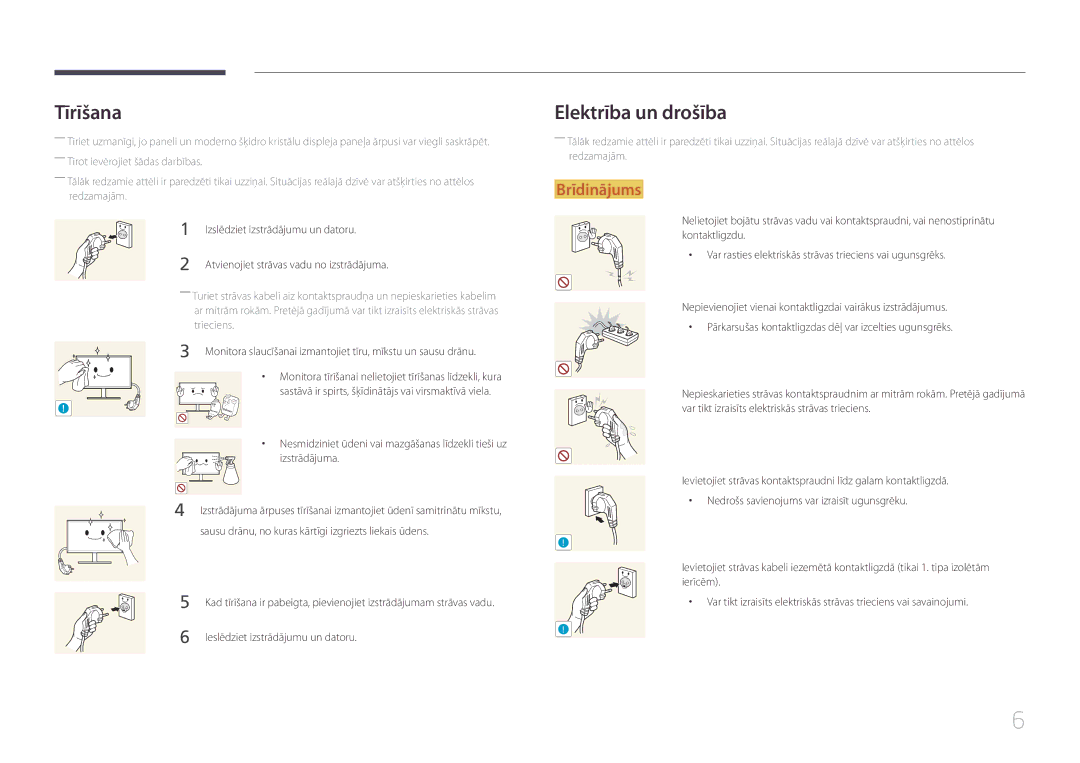 Samsung LS24E500CS/EN, LS27E500CSZ/EN manual Tīrīšana, Elektrība un drošība, Izslēdziet izstrādājumu un datoru 