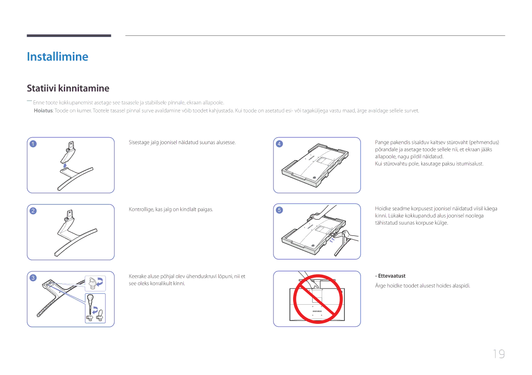 Samsung LS27E500CSZ/EN, LS24E500CS/EN manual Installimine, Statiivi kinnitamine, Ettevaatust 