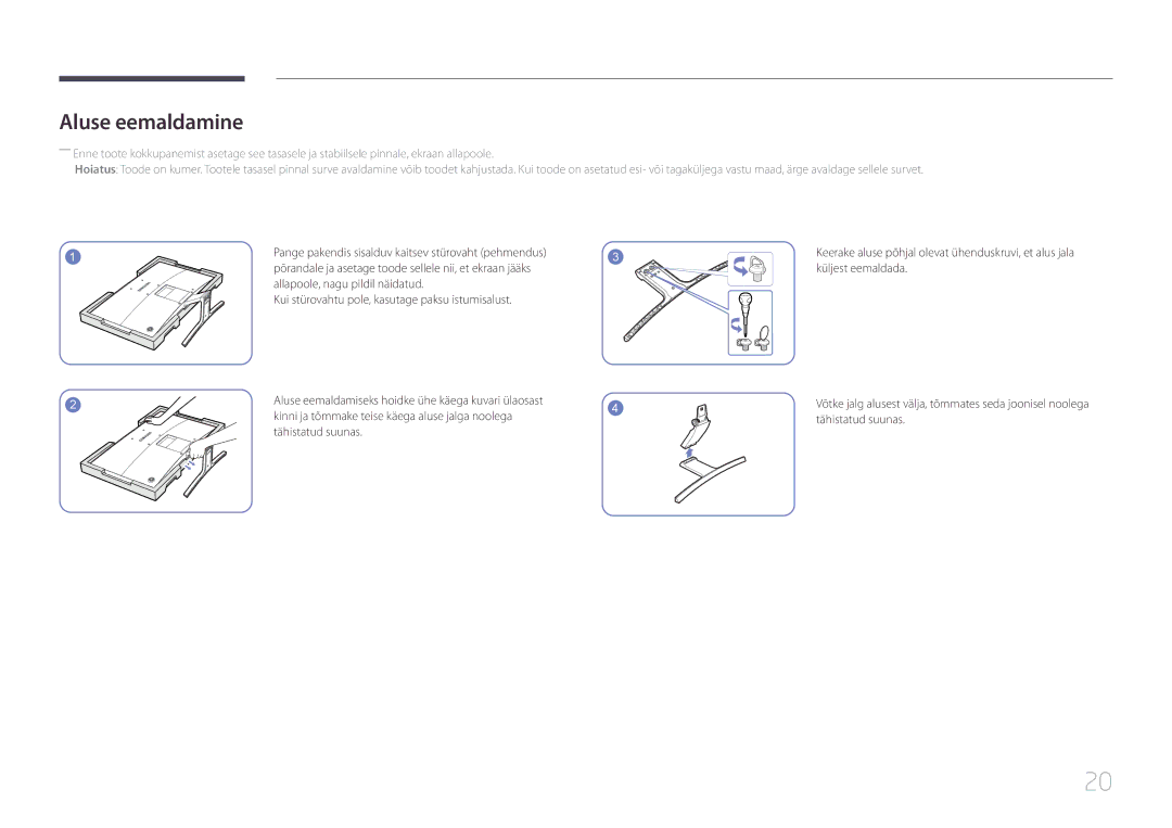 Samsung LS24E500CS/EN manual Aluse eemaldamine, Küljest eemaldada, Kinni ja tõmmake teise käega aluse jalga noolega 