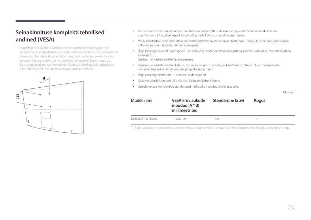 Samsung LS24E500CS/EN, LS27E500CSZ/EN manual Seinakinnituse komplekti tehnilised andmed Vesa, S24E500C / S27E500C 100 x 