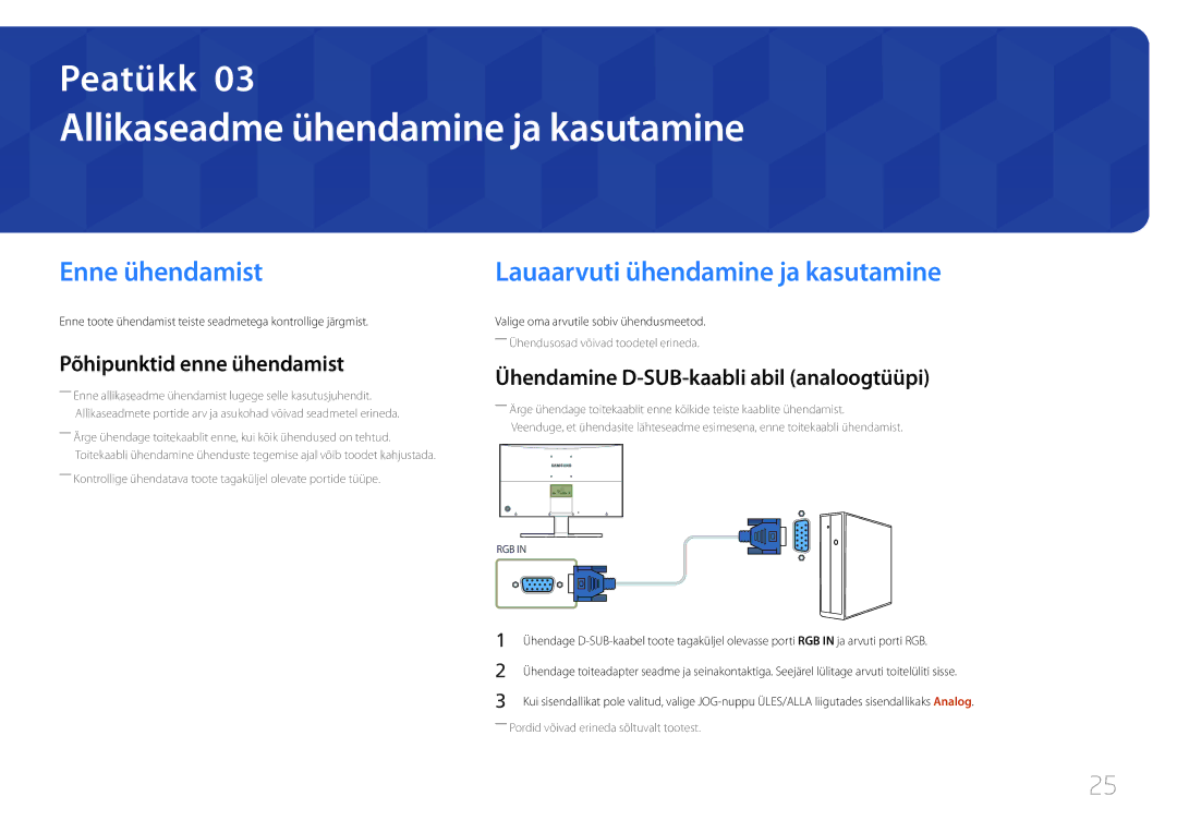 Samsung LS27E500CSZ/EN manual Allikaseadme ühendamine ja kasutamine, Enne ühendamist, Lauaarvuti ühendamine ja kasutamine 