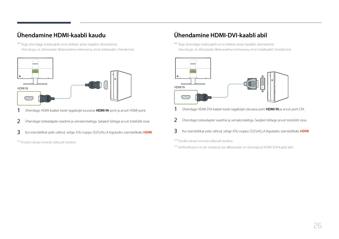 Samsung LS24E500CS/EN, LS27E500CSZ/EN manual Ühendamine HDMI-kaabli kaudu, Ühendamine HDMI-DVI-kaabli abil 