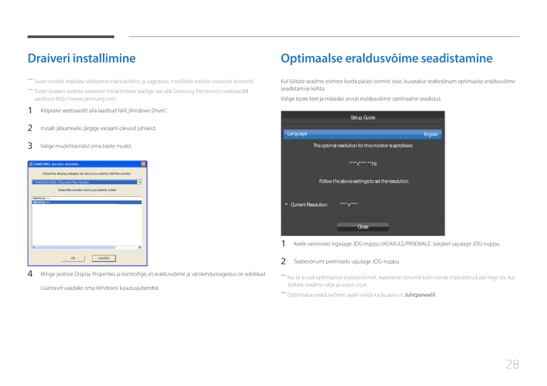 Samsung LS24E500CS/EN Draiveri installimine, Optimaalse eraldusvõime seadistamine, Valige mudeliloendist oma toote mudel 